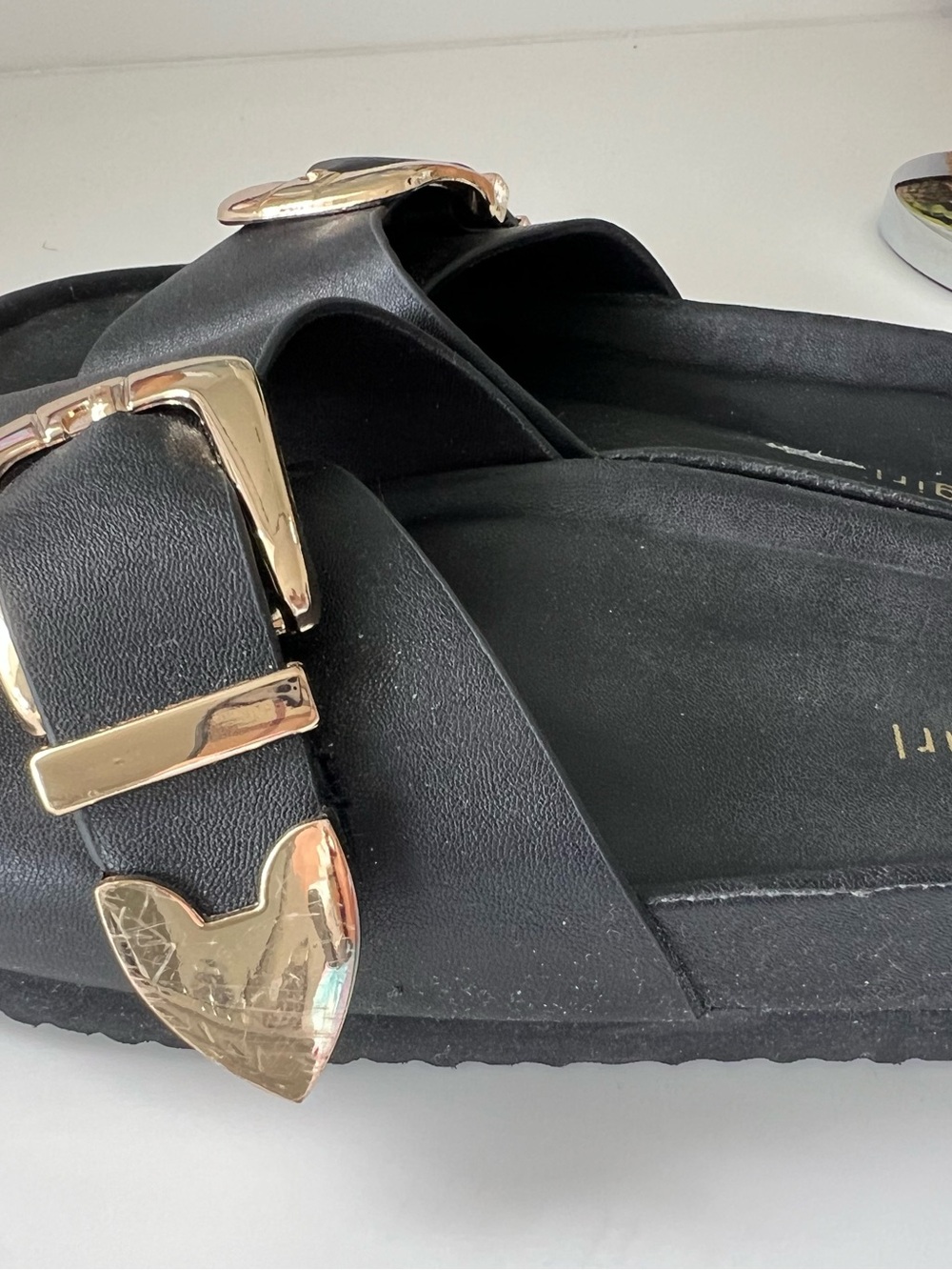 Madden Girl Black Slide Sandals with Gold Buckles - Picture 4 of 6